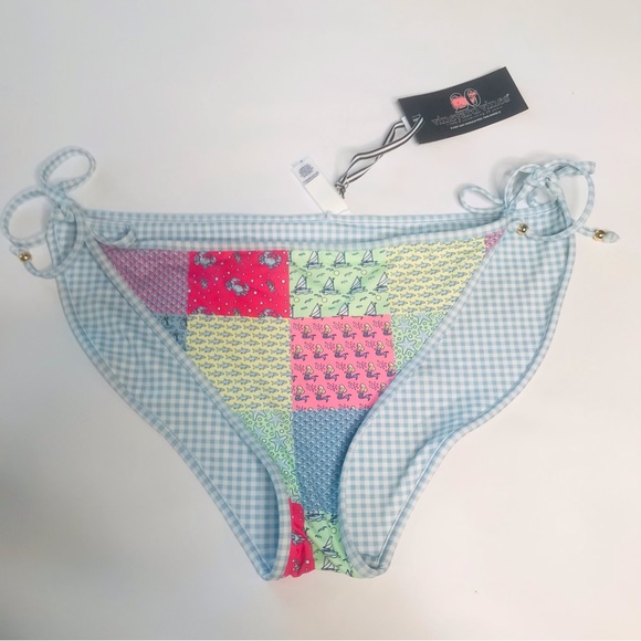 NWT Vineyard Vines Pastel Blue Multi Patchwork Gingham Reverse Bikini Bottoms XL - Picture 2 of 13